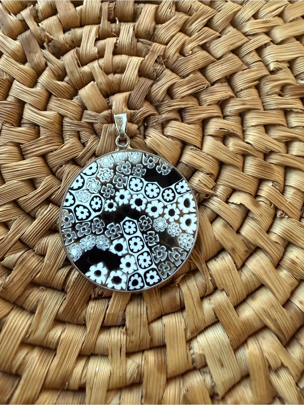 Millefiori 925  Glass Pendant Signed CM Black White And Clear